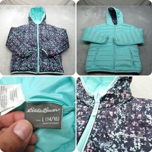 Eddie‎ Bauer Girls Down Puffer Jacket Large 14/16 Teal Floral Hood Reversible